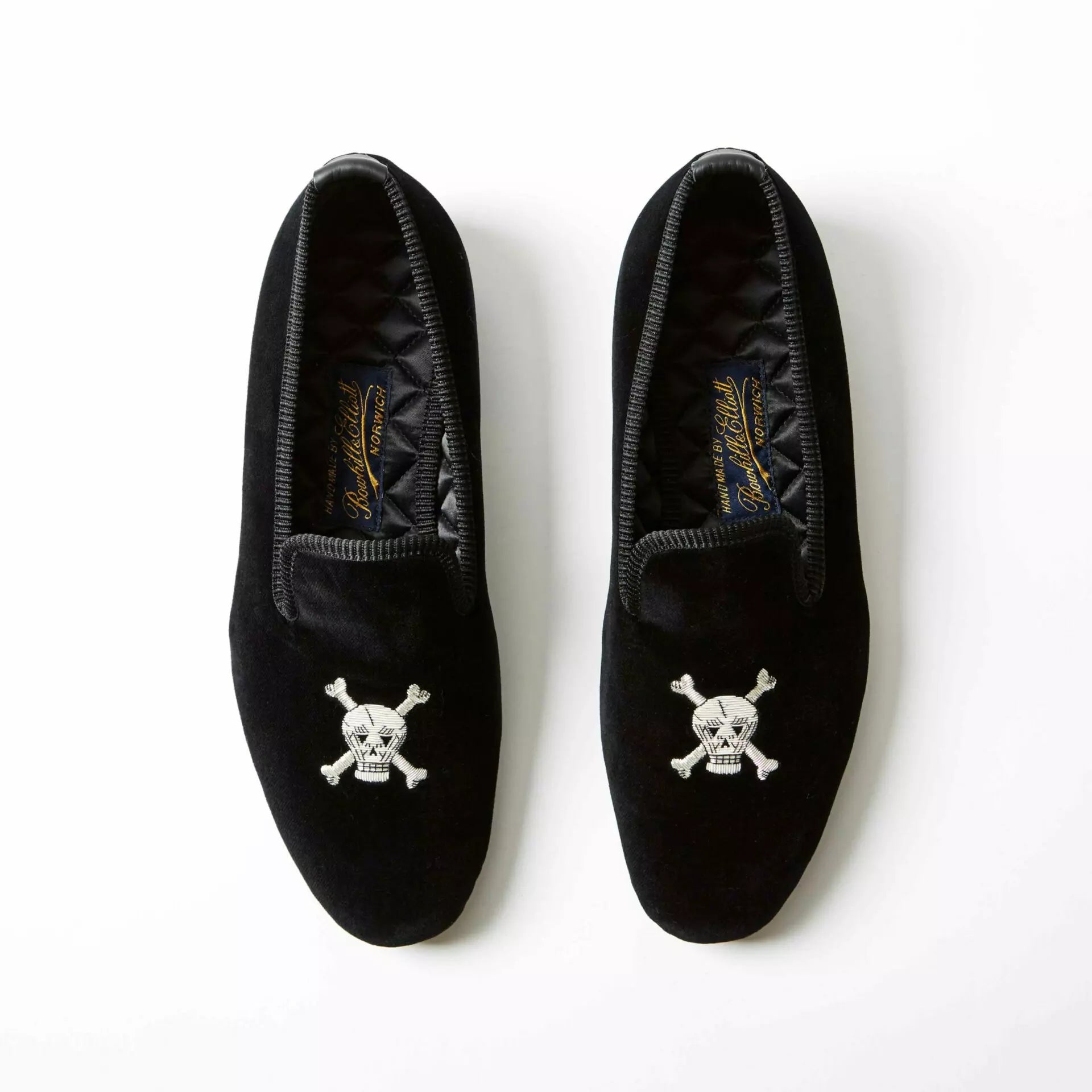 Bowhill and Elliott black velvet Albert slippers with skull and crossbones at Waring Tuxedos in Fort Worth