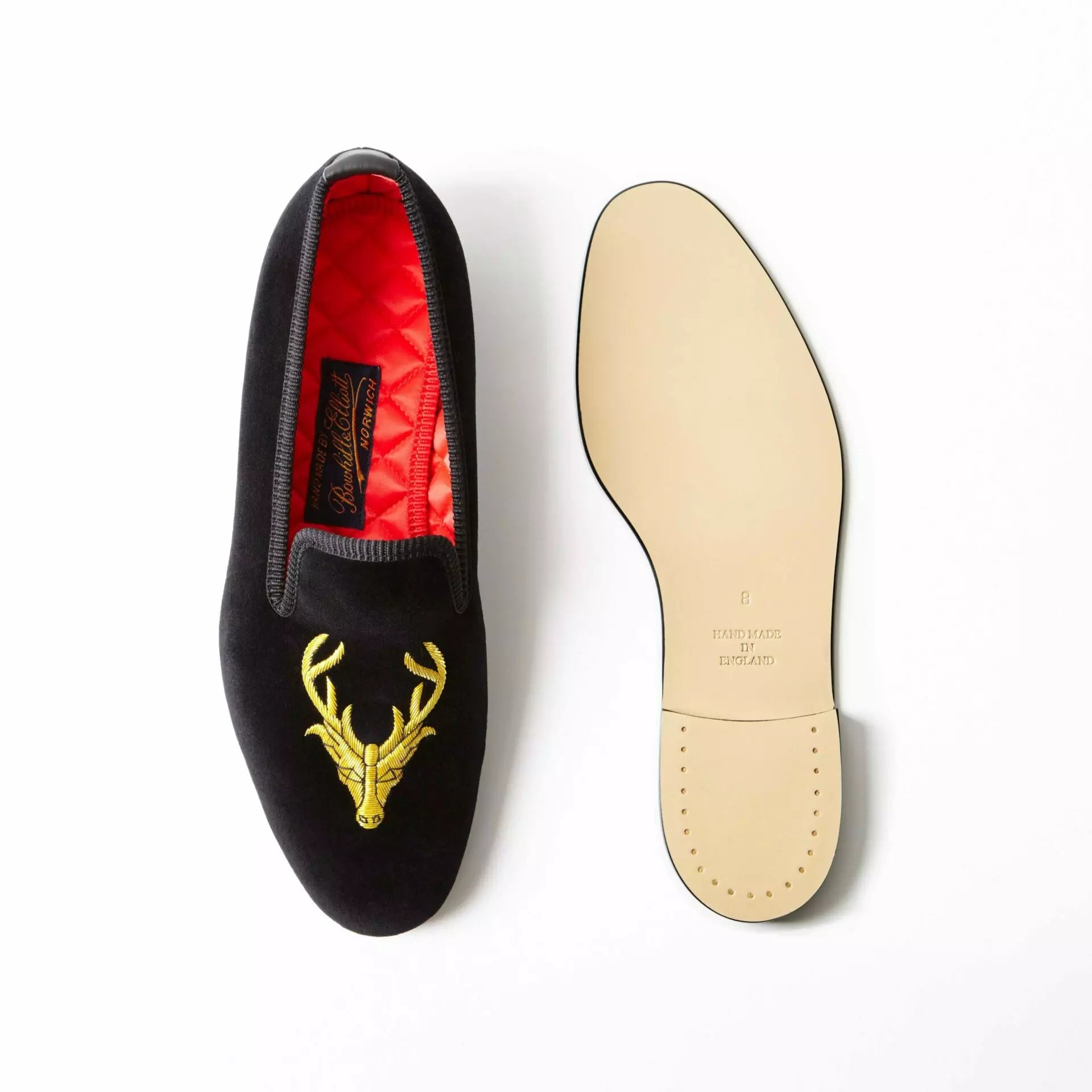 Bowhill and Elliott black velvet Albert slippers with stag at Waring Tuxedos in Fort Worth