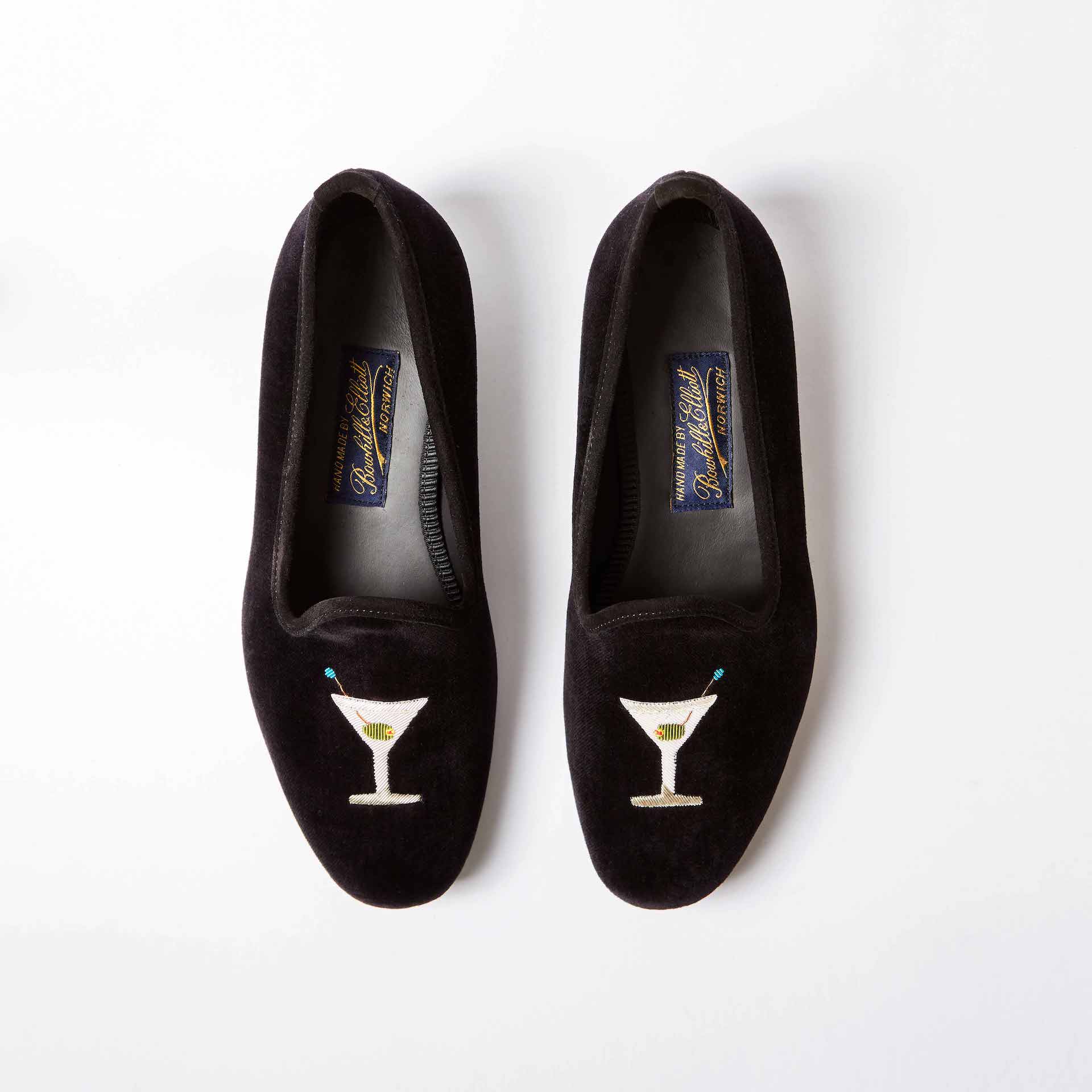 Black Velvet Venetian Slippers with Embroidered Martini