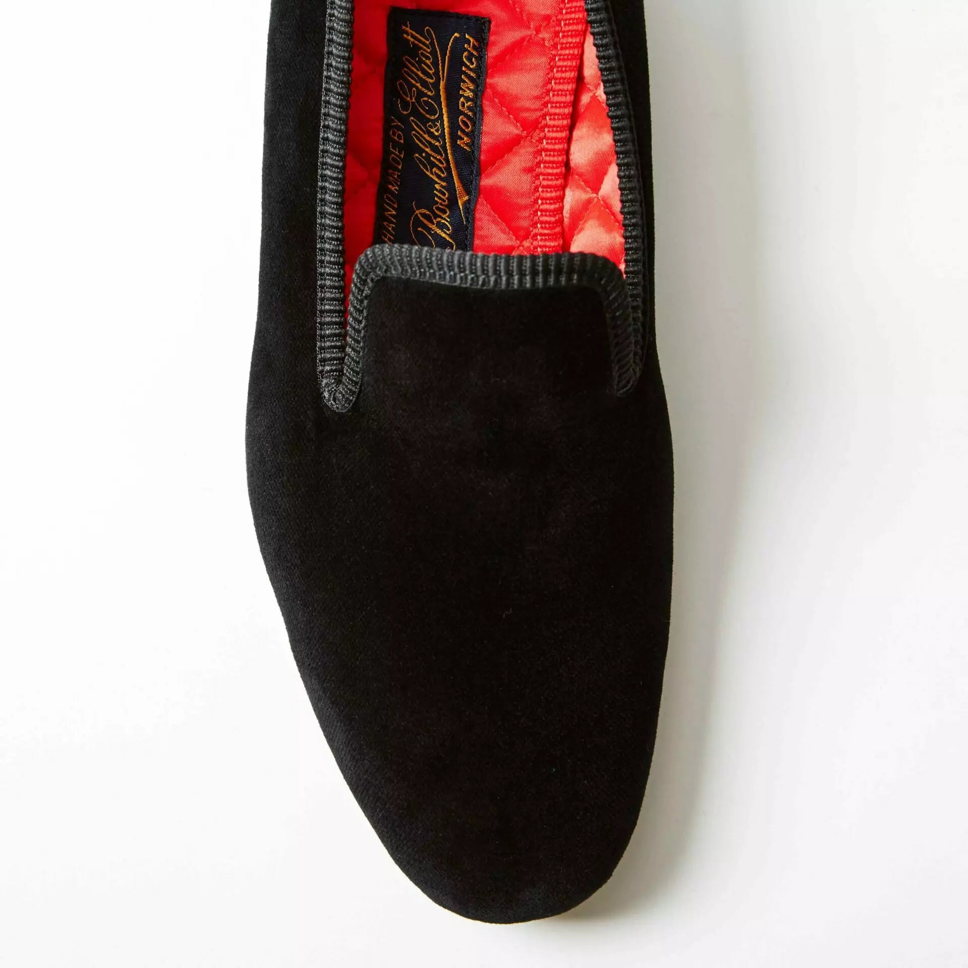 Bowhill and Elliott Black Velvet Albert Slippers at Waring Tuxedos in Fort Worth.
