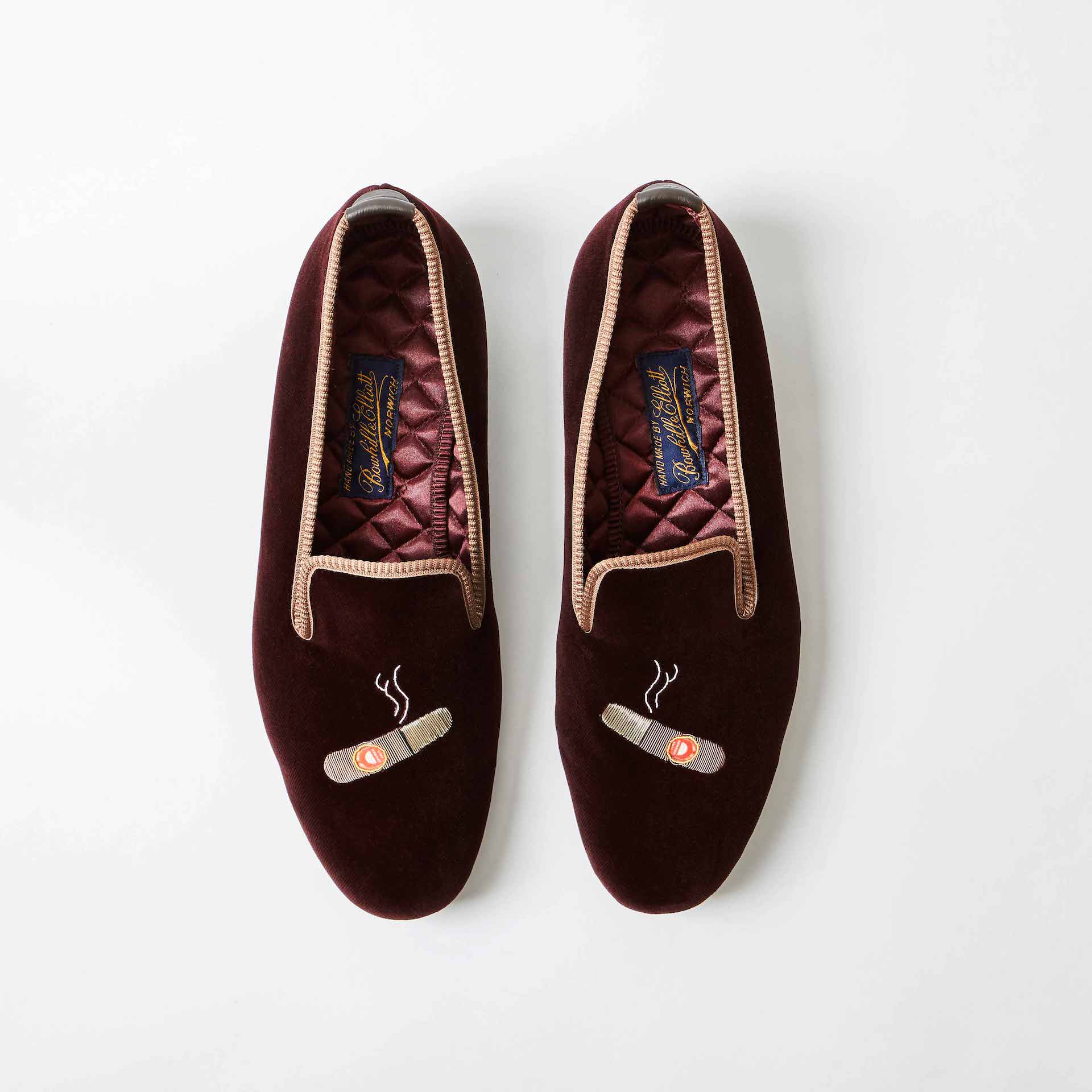 Brown Bowhill and Elliott velvet Albert Slippers embroidered with cigars at Waring Tuxedos in Fort Worth.