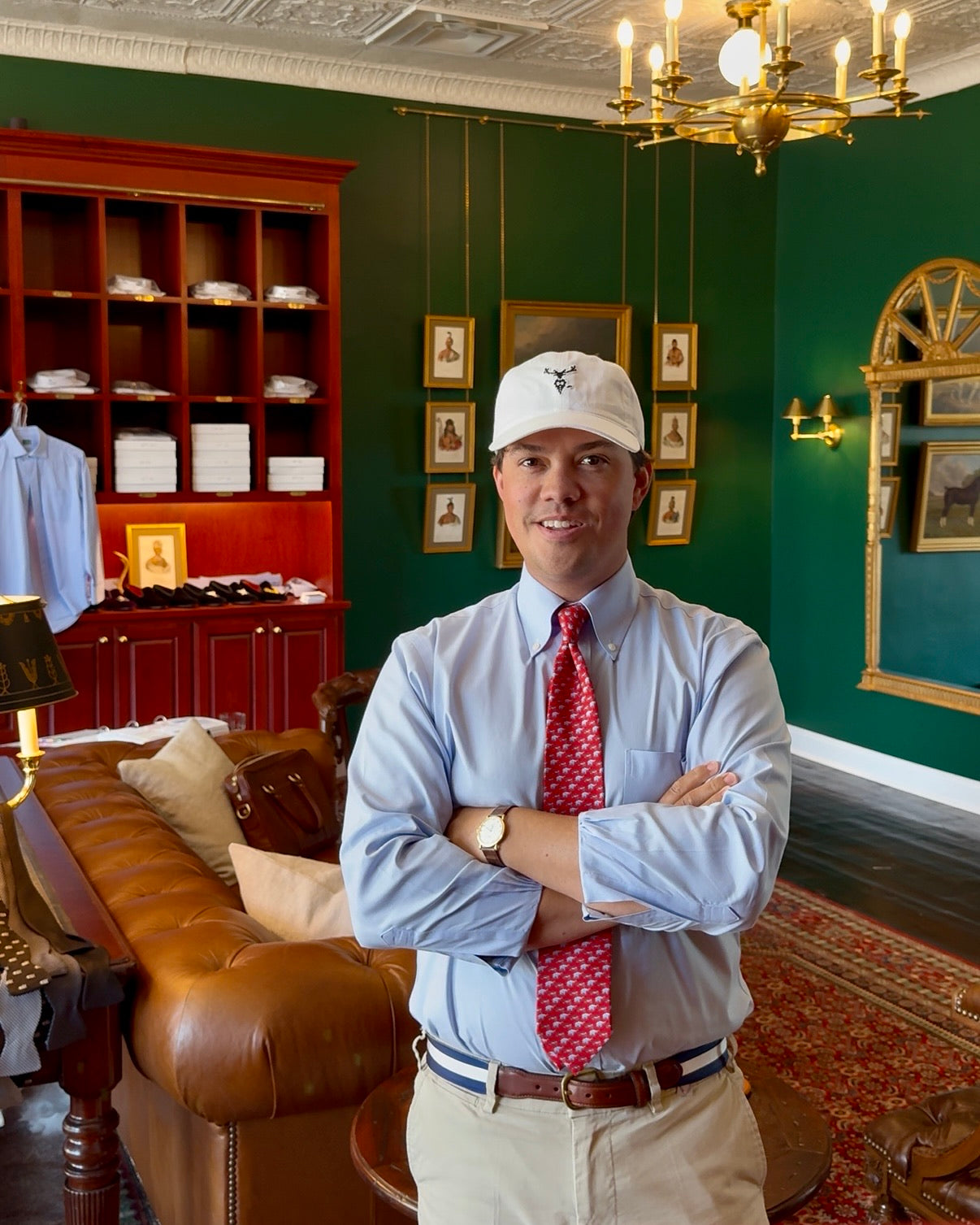 Houstoun Waring with white cotton twill baseball cap with needlepoint Waring Tuxedos Fort Worth logo by Smathers & Branson