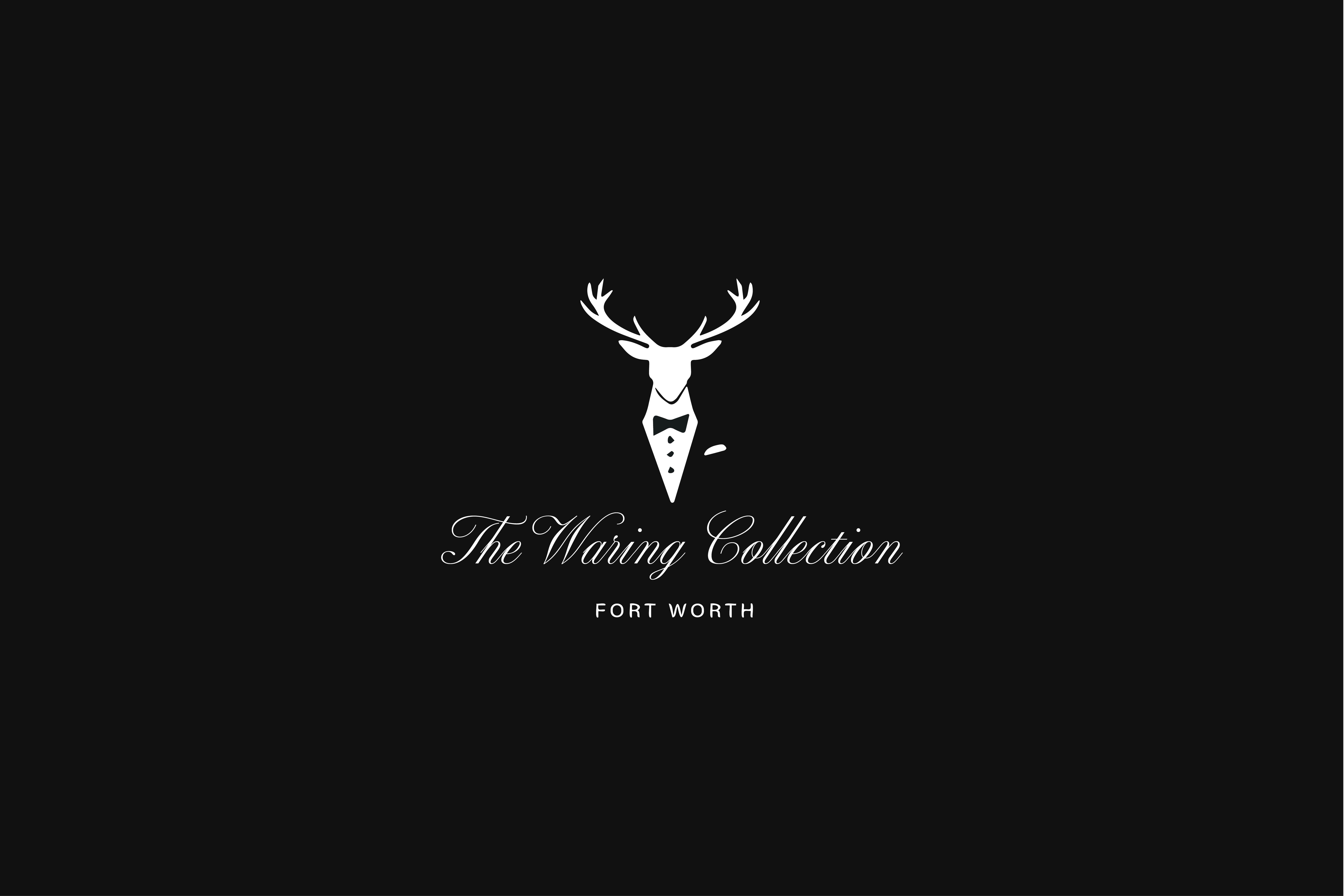 The Waring Collection at Waring Tuxedos in Fort Worth with logo of stylized stag deer in tuxedo.