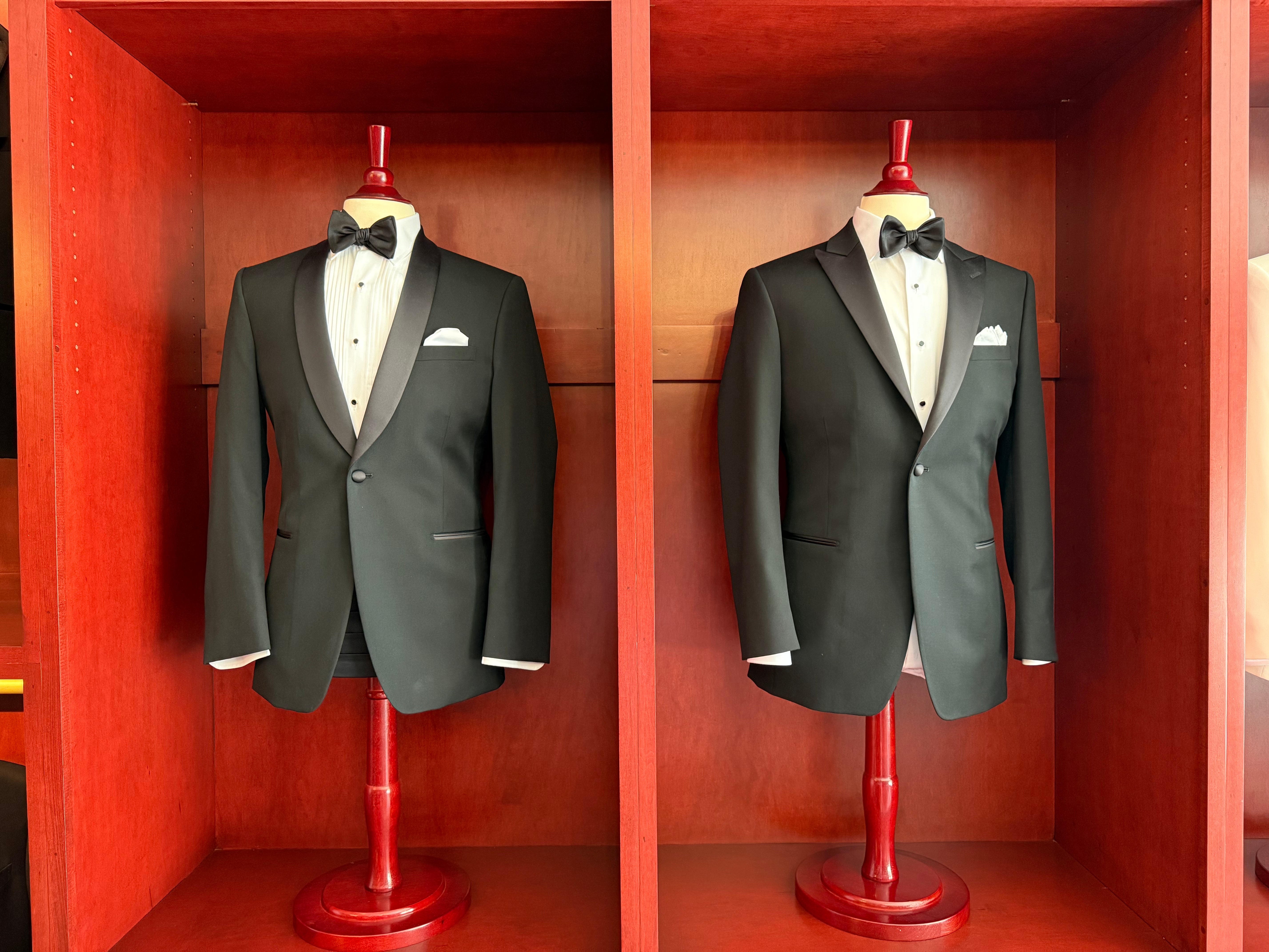 Shawl and Peak Tuxedos on Mahogany Mannequins