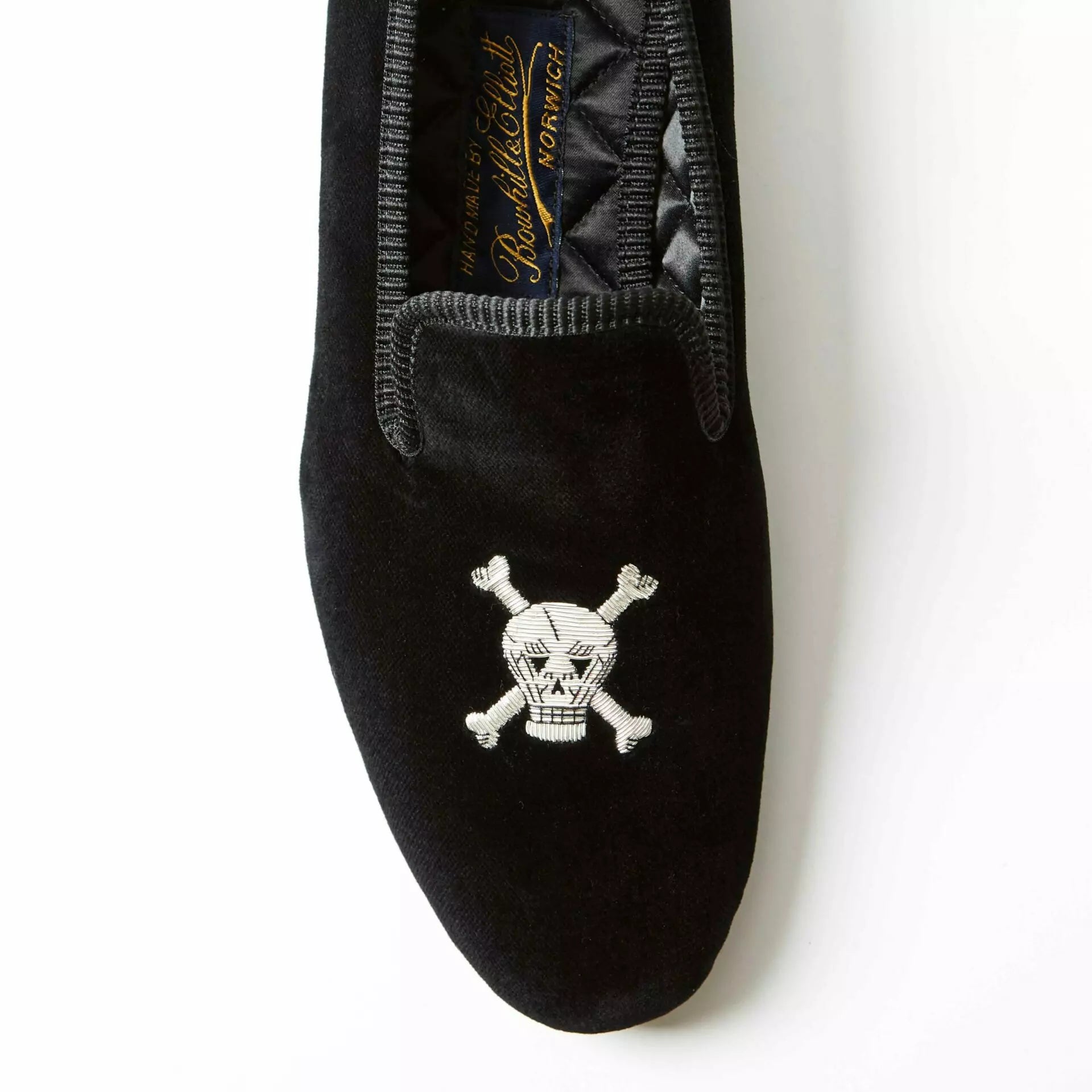 Bowhill and Elliott black velvet Albert slippers with skull and crossbones at Waring Tuxedos in Fort Worth