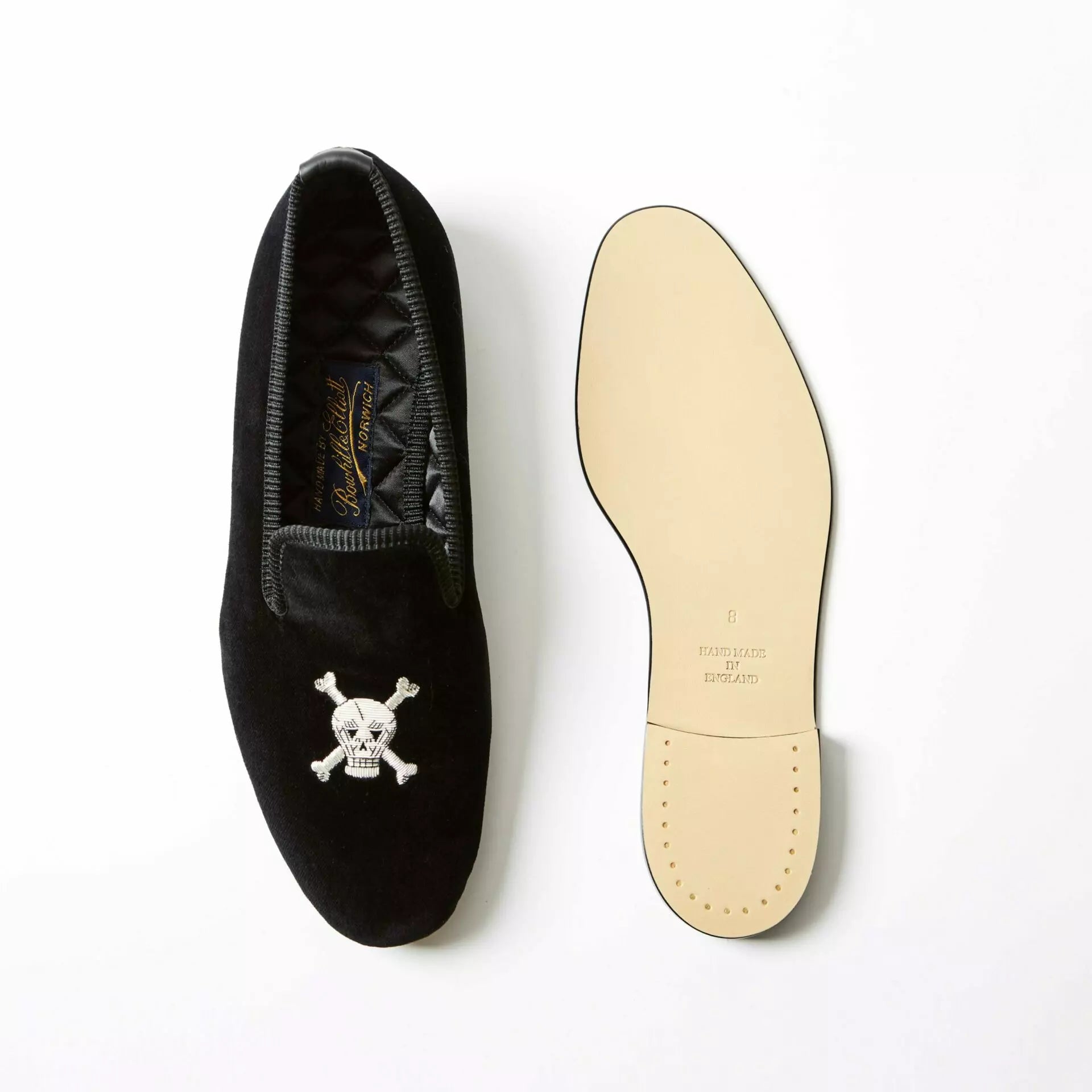 Bowhill and Elliott black velvet Albert slippers with skull and crossbones at Waring Tuxedos in Fort Worth