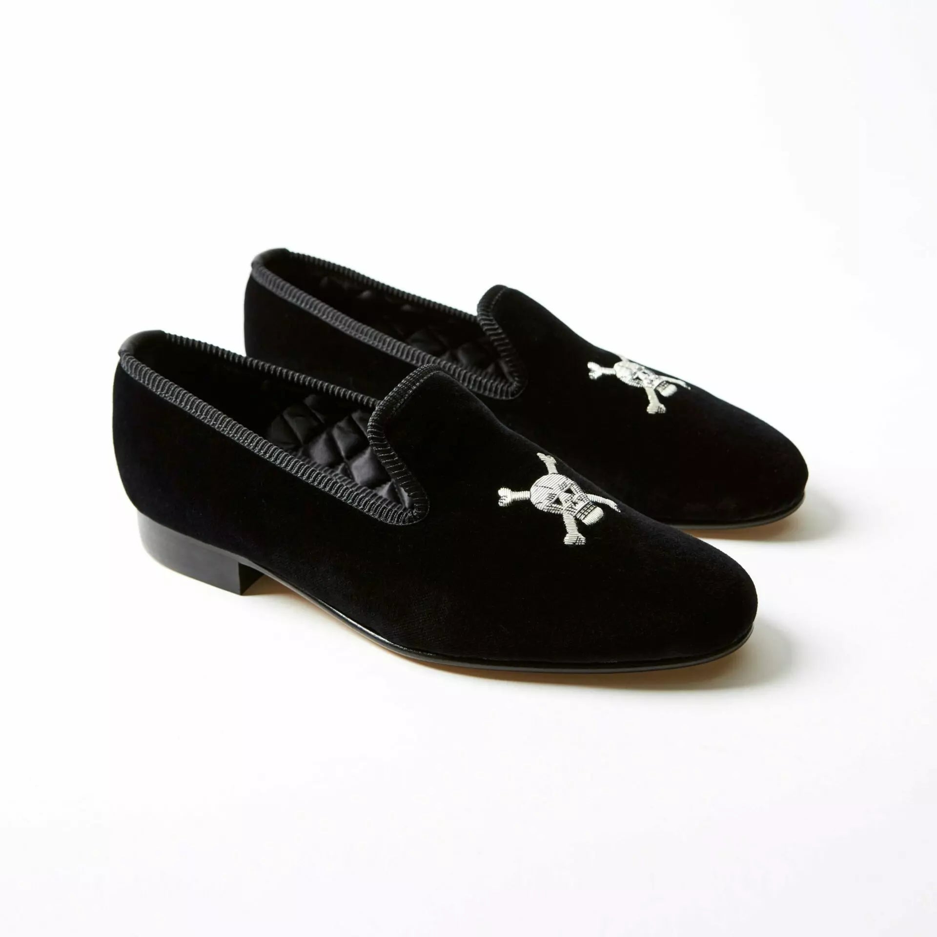 Bowhill and Elliott black velvet Albert slippers with skull and crossbones at Waring Tuxedos in Fort Worth