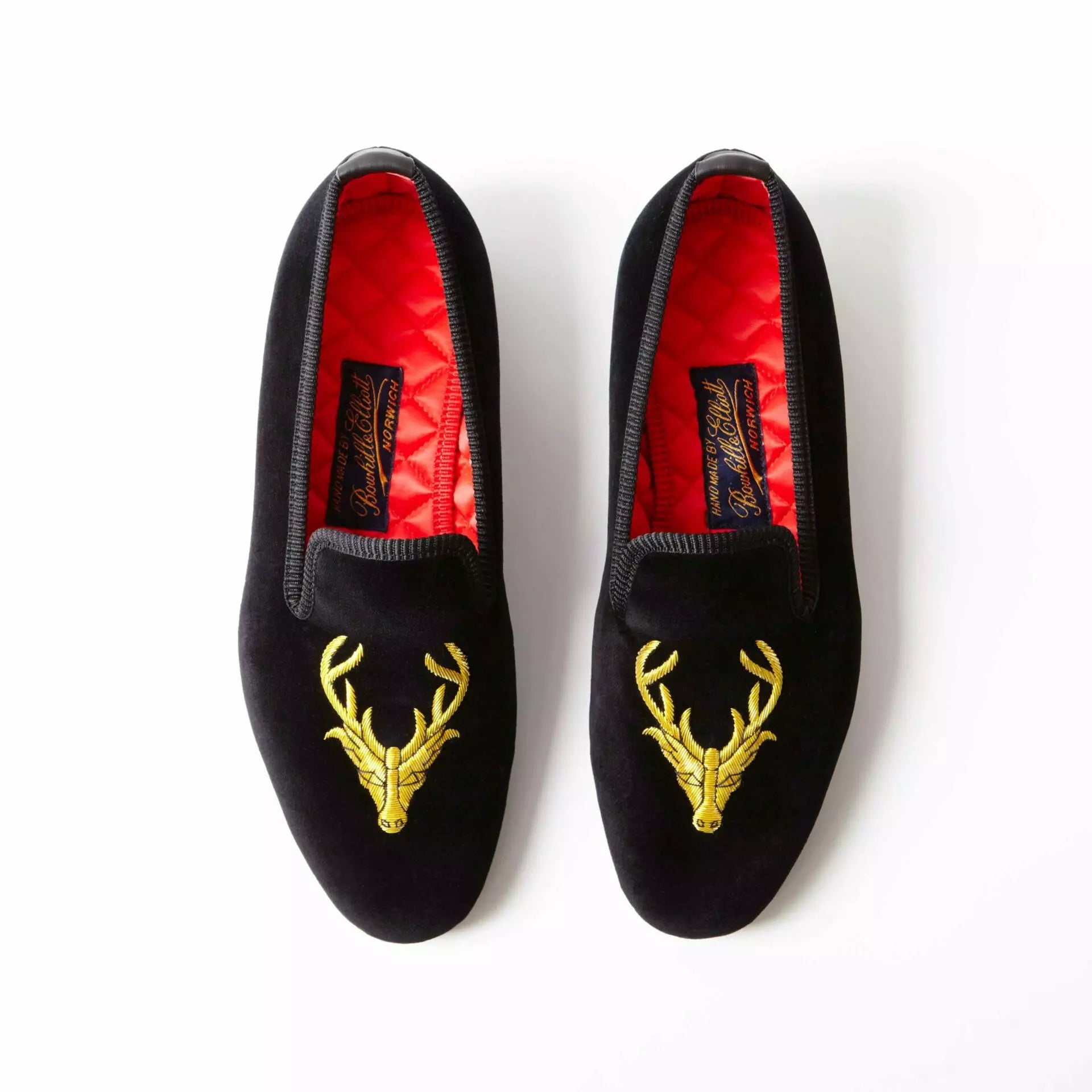 Bowhill and Elliott black velvet Albert slippers with stag at Waring Tuxedos in Fort Worth