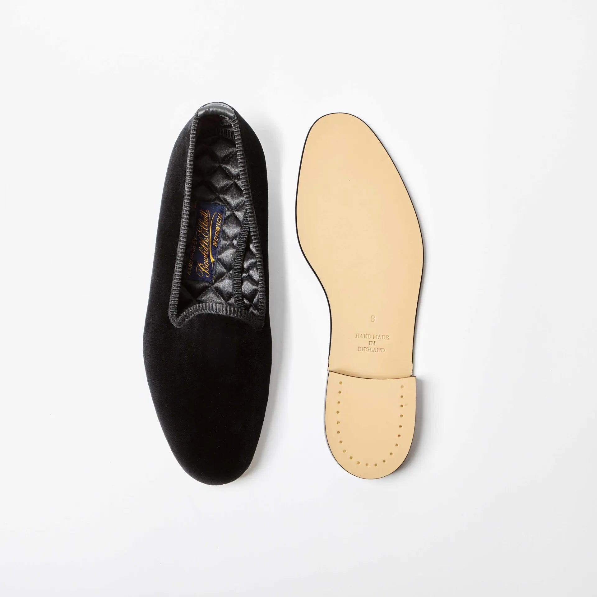 Bowhill and Elliott Black Velvet Venetian Slippers at Waring Tuxedos in Fort Worth.