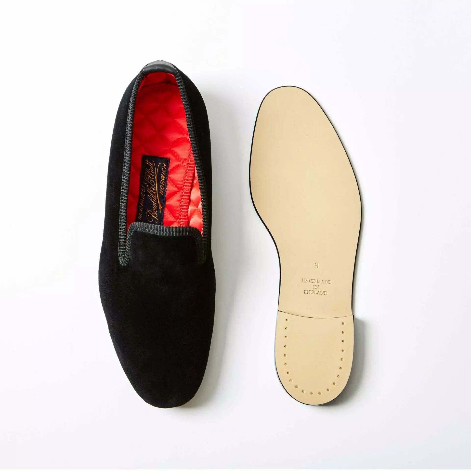 Bowhill and Elliott Black Velvet Albert Slippers at Waring Tuxedos in Fort Worth.