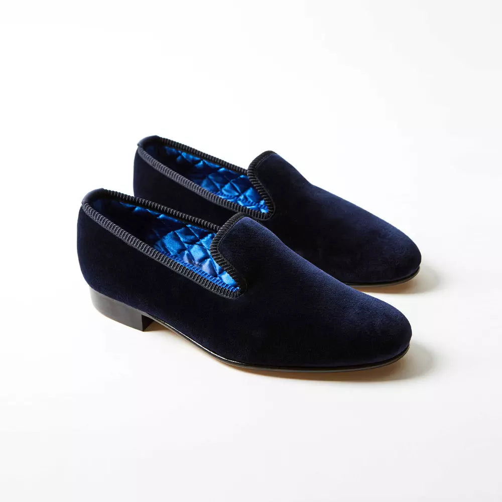 Navy Velvet Plain Albert Slippers at Waring Tuxedos in Fort Worth.
