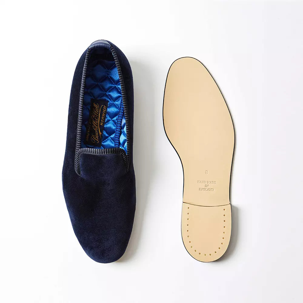 Navy Velvet Plain Albert Slippers at Waring Tuxedos in Fort Worth.