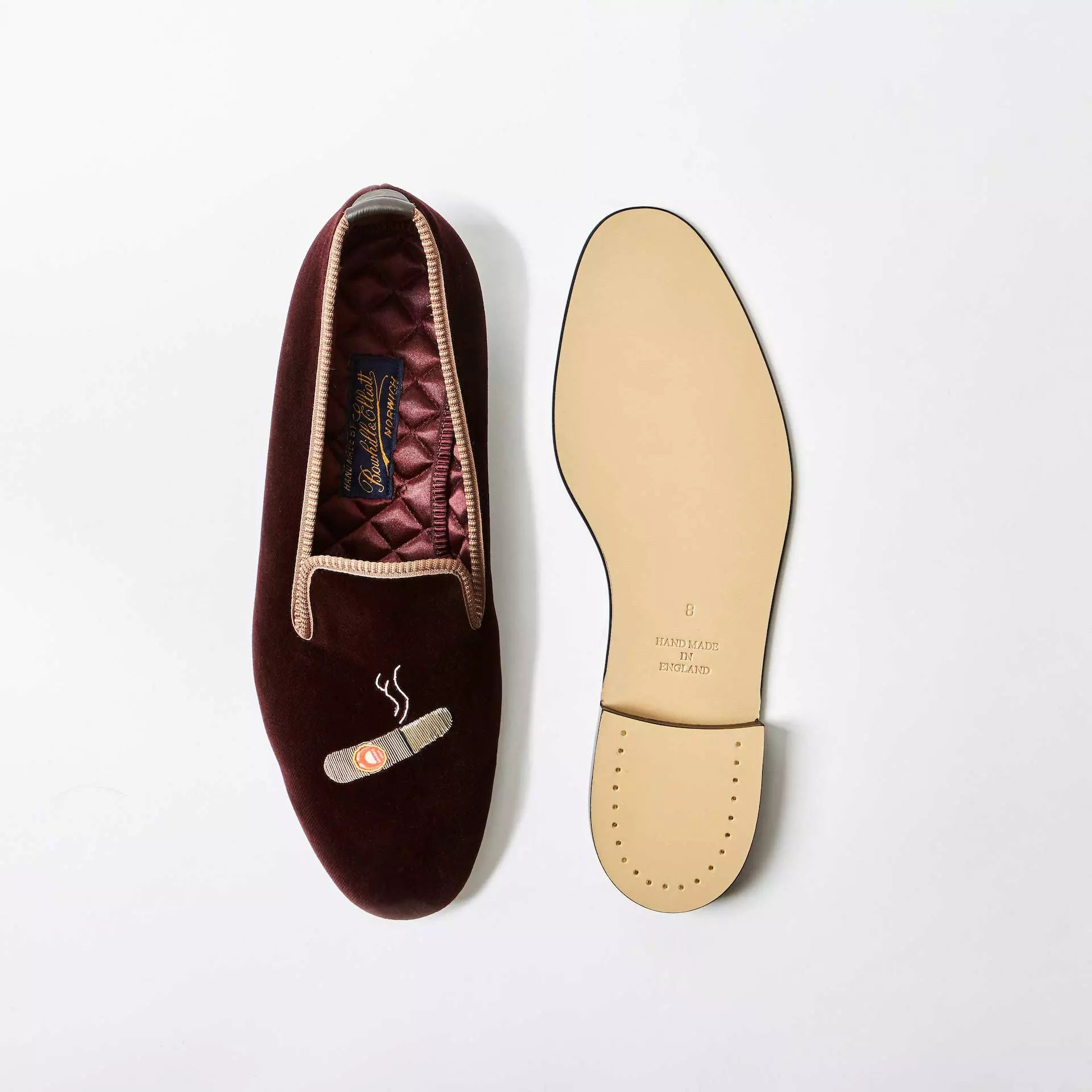 Brown Bowhill and Elliott velvet Albert Slippers embroidered with cigars at Waring Tuxedos in Fort Worth.