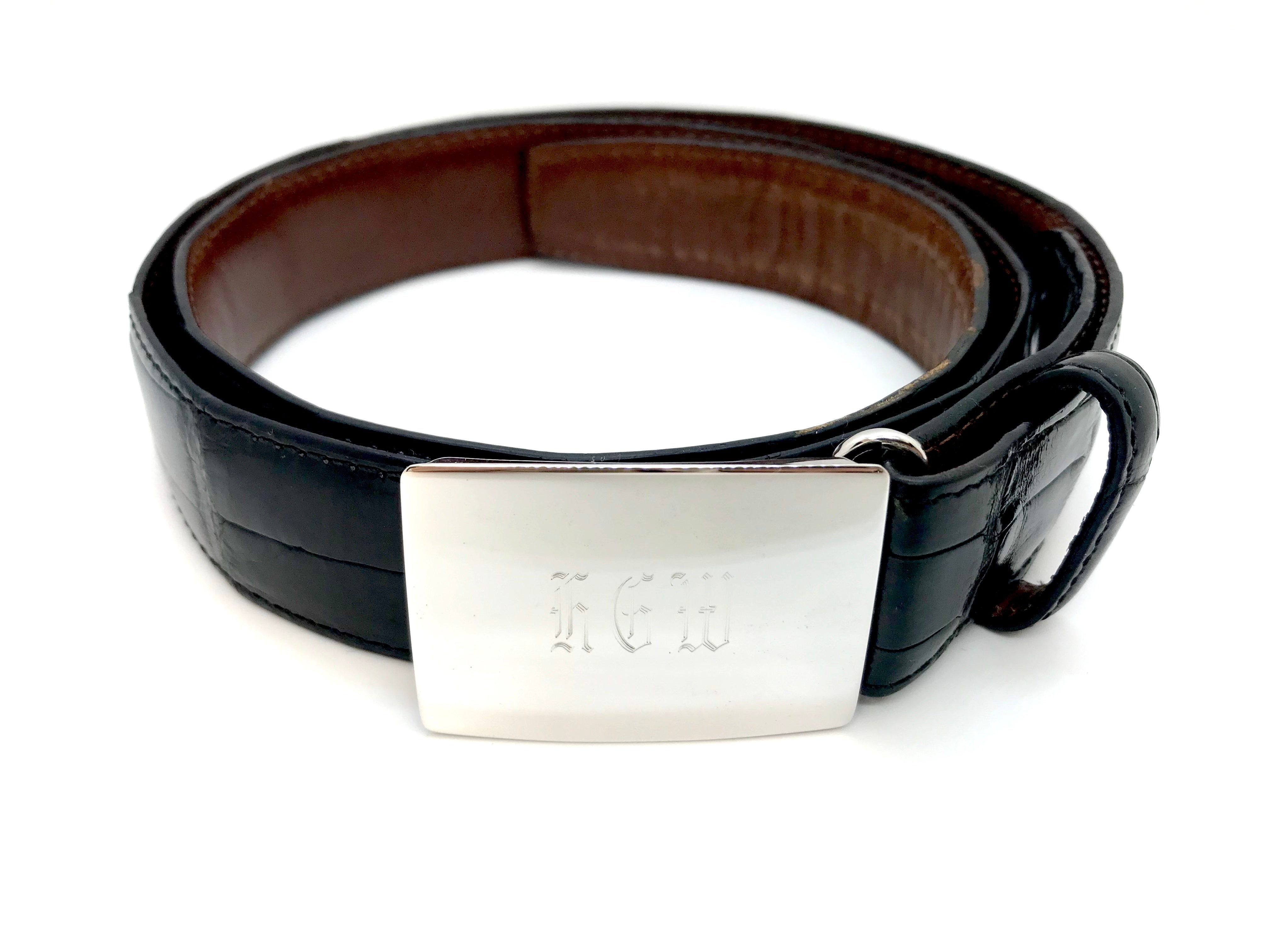 Monogram Engine-Turned Belt Buckle at Waring Tuxedos in Fort Worth